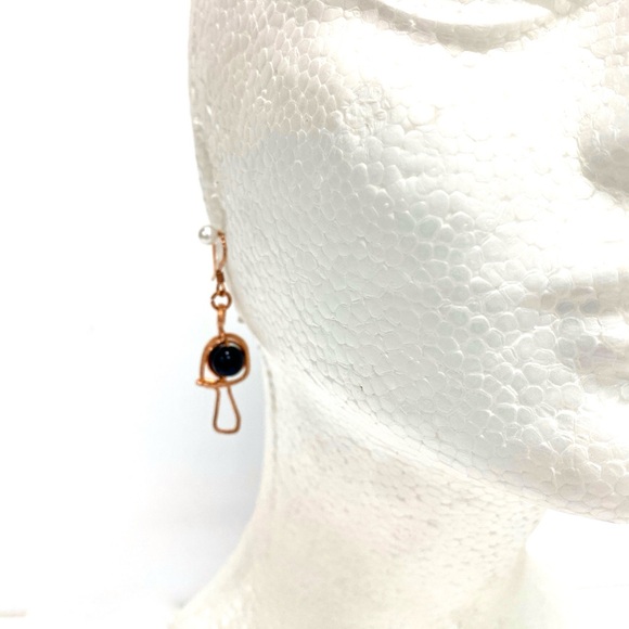 HANDMADE Mushroom Black Onyx and Hand Wrapped Bare Copper Dangle Earrings - Picture 2 of 9